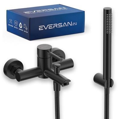 Eversan Badewannenarmatur Premium LOKE Schwarz mit Handbrause und Brauseschlauch