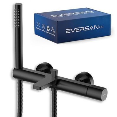 Eversan 3-Loch-Badewannenarmatur Premium LOKE Schwarz mit Handbrause, Brauseschlauch