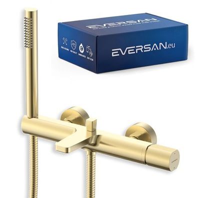 Eversan 3-Loch-Badewannenarmatur Premium LOKE Gold mit Handbrause und Brauseschlauch