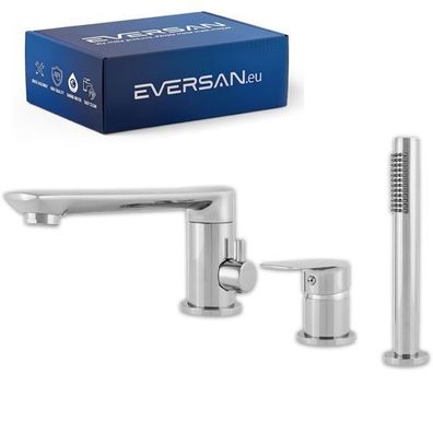 Eversan 3-Loch-Wannenrandarmatur Premium LOKE Chrom mit Handbrause und Brauseschlauch