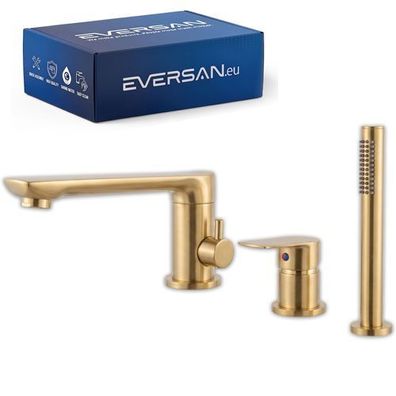 Eversan 3-Loch-Wannenrandarmatur Premium LOKE Gold mit Handbrause und Brauseschlauch