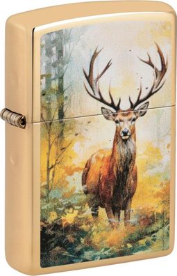 Zippo Benzinfeuerzeug, Sturmfeuerzeug, "Hirsch" Aquarell, Gold hochglanz