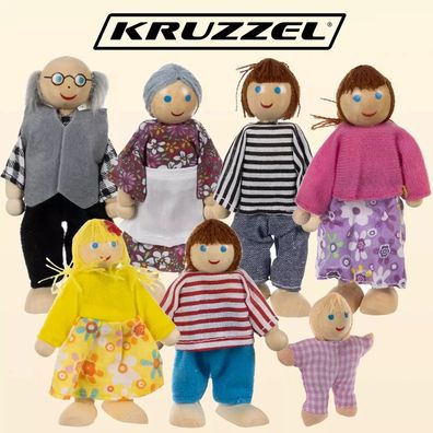 Puppenhaus-Puppen Kruzzel 19764 - 7-teilige Holz Familie, bewegliche Arme und Beine