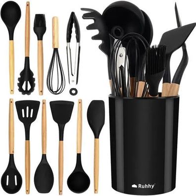 Küchenhelfer Set 12-teilig Ruhhy Silikon mit Holzgriffen und Behälter schwarz