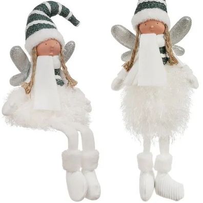 Weihnachtsfigur Fee sitzend Ruhhy 22339 32 cm Glitzerflügel Weiß Dunkelgrün