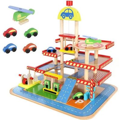 Parkhaus Holz Kruzzel 22446 mit 4 Autos, Hubschrauber und 3 Ebenen, 40x50,5x46,5 cm