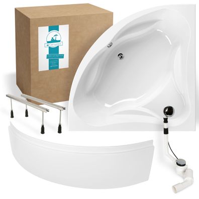 Calmwaters Eckbadewanne Komplett-Set mit Schürze Original, 140 x 140 cm, Ablauf, Füße
