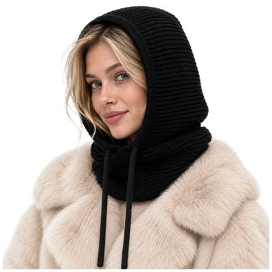Kapuzenschal Balaclava Glimz 3-in-1 Damen schwarz 30 % Wolle Kordelzug