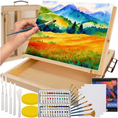 Malset im Holzkoffer Maaleo 23863 45-teilig mit Staffelei und 24 Aquarellfarben