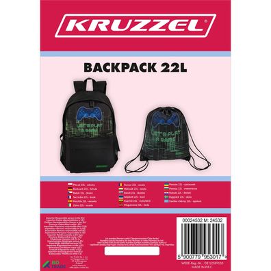 Schulrucksack Kruzzel 24532 Gaming 22 L mit Turnbeutel 44x28x20 cm schwarz