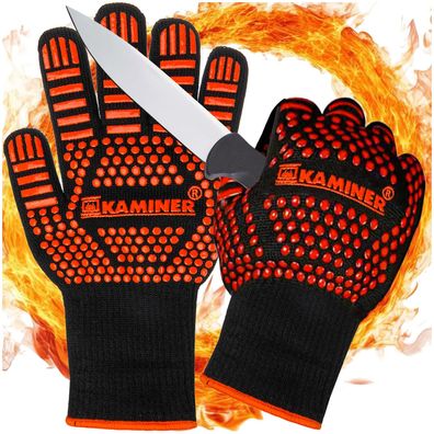 Grillhandschuhe Kaminer hitzebeständig bis 800 °C 32 x 12,5 cm schwarz orange Paar