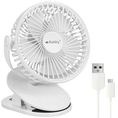 Akku-Ventilator Ruhhy Clip-Tischventilator 1200 mAh USB-C 360 Grad weiß