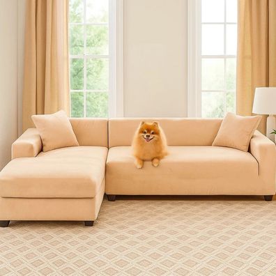 Sofabezug Ruhhy 26031 Ecksofa beige Samt elastisch 145-185 cm mit Kissenbezug