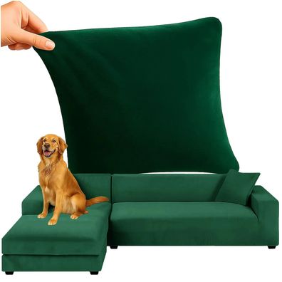 Sofabezug Ecksofa Ruhhy 145-185 cm Samt elastisch grün mit Kissenbezug