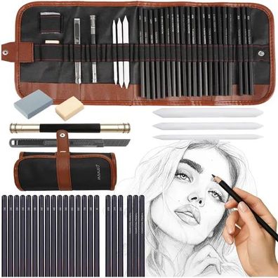 Skizzierset MAALEO 26134 mit Rolletui 18 Bleistifte und 3 Kohlestifte