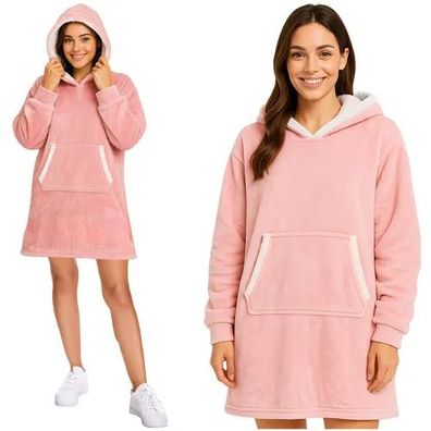 Hoodie-Decke Ruhhy XXL Oversize Kapuzenpullover rosa 88x80 cm mit Kängurutasche