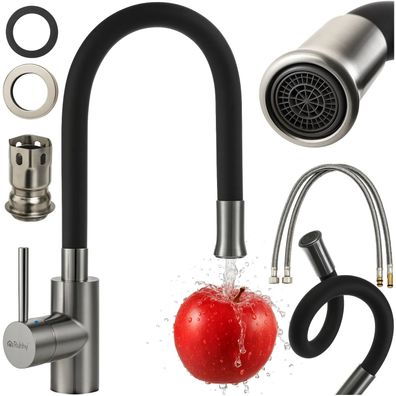 Küchenarmatur Ruhhy 26324 flexibler Silikonauslauf 360 Grad Perlator schwarz silber