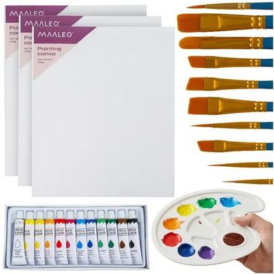 Malset Maaleo 26338, 26-teilig, 12 Acrylfarben 12 ml, 10 Pinsel, 3 Leinwände
