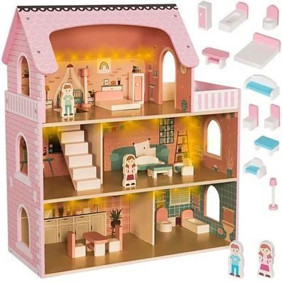 Puppenhaus Kruzzel 26364 aus Holz, 3 Ebenen, LED-Beleuchtung, Möbel, 70 cm