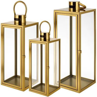 Laterne 3er Set Ruhhy Gold 38/49/63 cm Glas Edelstahl mit Tragegriff