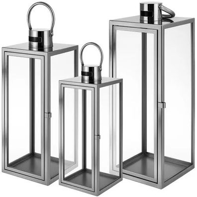 Laternen 3er Set Ruhhy Edelstahl Glas 38/49/63 cm silber mit Tragegriff