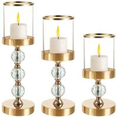Kerzenständer Set 3-tlg Ruhhy Glas gold 41/34,5/18 cm mit Kristallkugeln