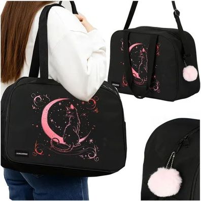 Schultasche Kruzzel 26516 Sporttasche 13 L, 40x28x12 cm, schwarz/rosa, Katzenmotiv