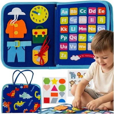 Sensorik Filzbuch Kruzzel Montessori blau Dino ABC Uhr Schnürsenkel ab 3 Jahre