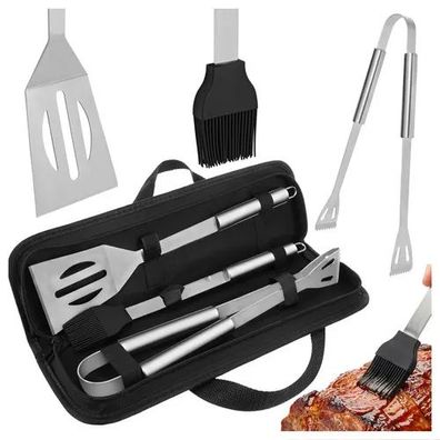 Grillbesteck-Set 3-teilig Kaminer Edelstahl mit Koffer Wender Zange Pinsel