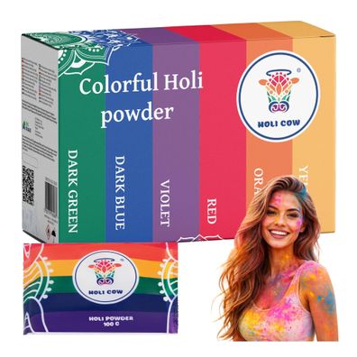 Holi Farbpulver Set Holi Cow 6 x 100 g, 6 Farben, Maisstärke