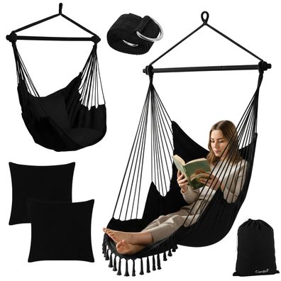 Hängesessel Gardlov Baumwolle schwarz, bis 150 kg, mit 2 Kissen und Metallstange