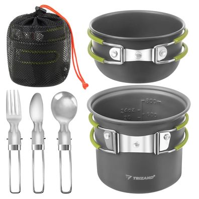 Campinggeschirr Set Trizand mit Topf 800 ml, Besteck und Netzbeutel in Grau