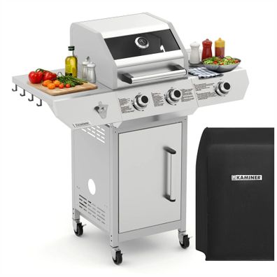 Gasgrill Kaminer Varen 3.0 10 kW 2 + 1 Brenner Edelstahl mit Deckel und Drehspieß