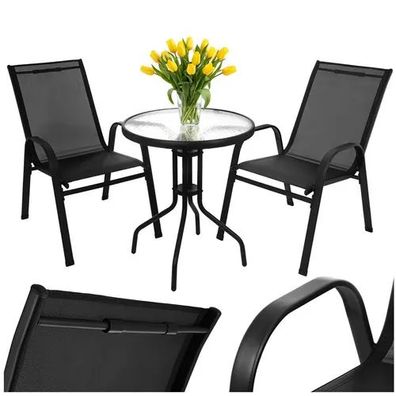 Balkonmöbel Set Gardlov 3-teilig, Tisch mit Glasplatte und 2 Stühle stapelbar