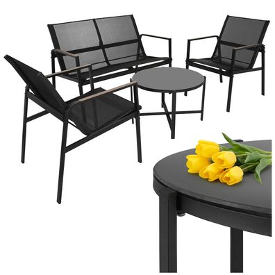 Gartenmöbel Set Gardlov 4-teilig Sofa 2 Sessel Tisch Stahl Teslin Schwarz Holzoptik