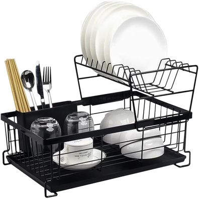 Geschirr Abtropfgestell Ruhhy 2 Etagen 43x29x27 cm schwarz mit Besteckhalter