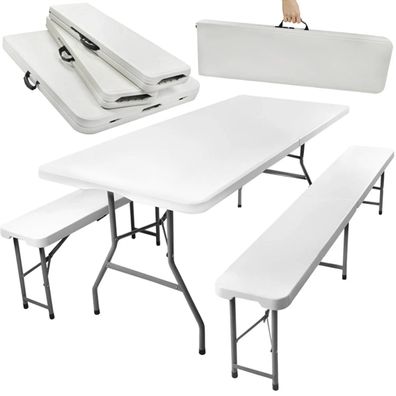 Klapptisch Set Gardlov 180 cm Gartentisch mit 2 Bänken HDPE hellgrau