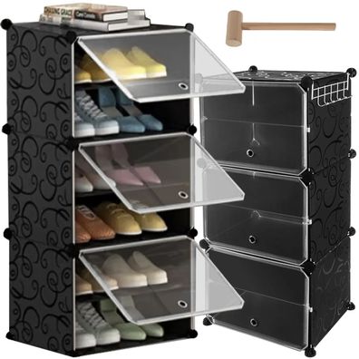 Schuhregal Ruhhy modular 6 Ebenen schwarz 44x31,5x93 cm mit Türen und Hakenleiste