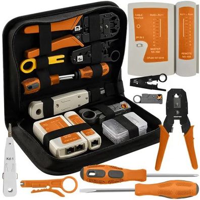 Kabeltester Set Bigstren 25835 RJ45 RJ11 Netzwerk Werkzeugkoffer mit Crimpzange