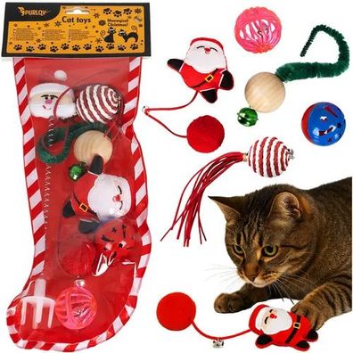 Katzenspielzeug Set Purlov 26380, 6-teilig, Bälle mit Glöckchen, Weihnachtsstrumpf