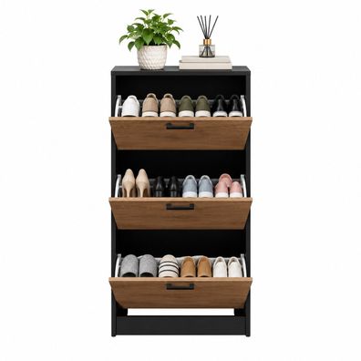 3-stöckiger Schuhschrank in Hellbraun - mit Klappfächern, 50 × 28 × 115 cm
