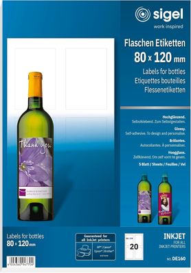 SIGEL DE160 Flaschenetiketten hochglänzend 80 x 120 mm Inkjet 20 Stück
