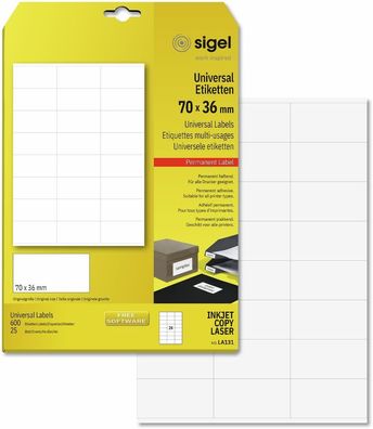 SIGEL LA131 Universal Etiketten 70 x 36 mm selbstklebend 600 Etiketten 25 Blatt