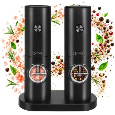 Elektrische Gewürzmühle Zortiva 2er Set Keramikmahlwerk LED Ständer schwarz