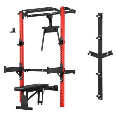 Wall Rack HMS KLT22 Set klappbar, Trainingsbank und Dip-Station, schwarz-rot