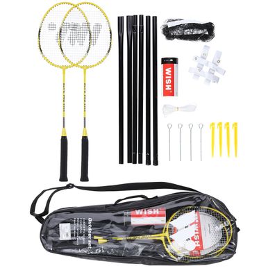 Badminton-Set WISH Alumtec 4466 gelb 2 Schläger 3 Federbälle Netz Markierungslinien