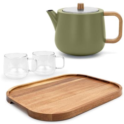 Bredemeijer Teekannen Set doppelwandig 1,1 Liter Edelstahl 2 Teetassen & Tablett