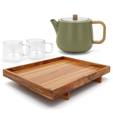 Bredemeijer Teekannen Set 1,1 Liter doppelwandig Edelstahl Tablett & 2 Teegläser