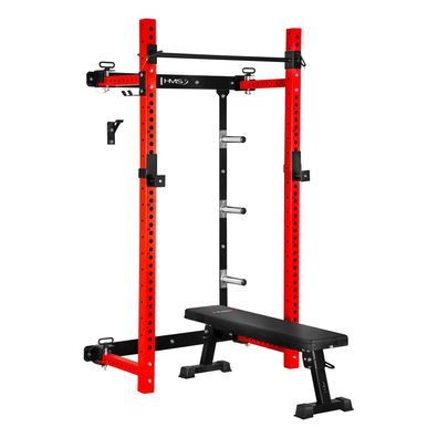 Wand Power Rack HMS KLT34 klappbar mit Klimmzugstange und Trainingsbank rot schwarz