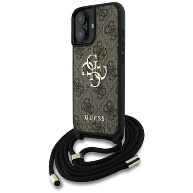 Schutzhülle Guess 4G Big Logo Cord Strap Crossbody iPhone 16 Braun mit Umhängeband